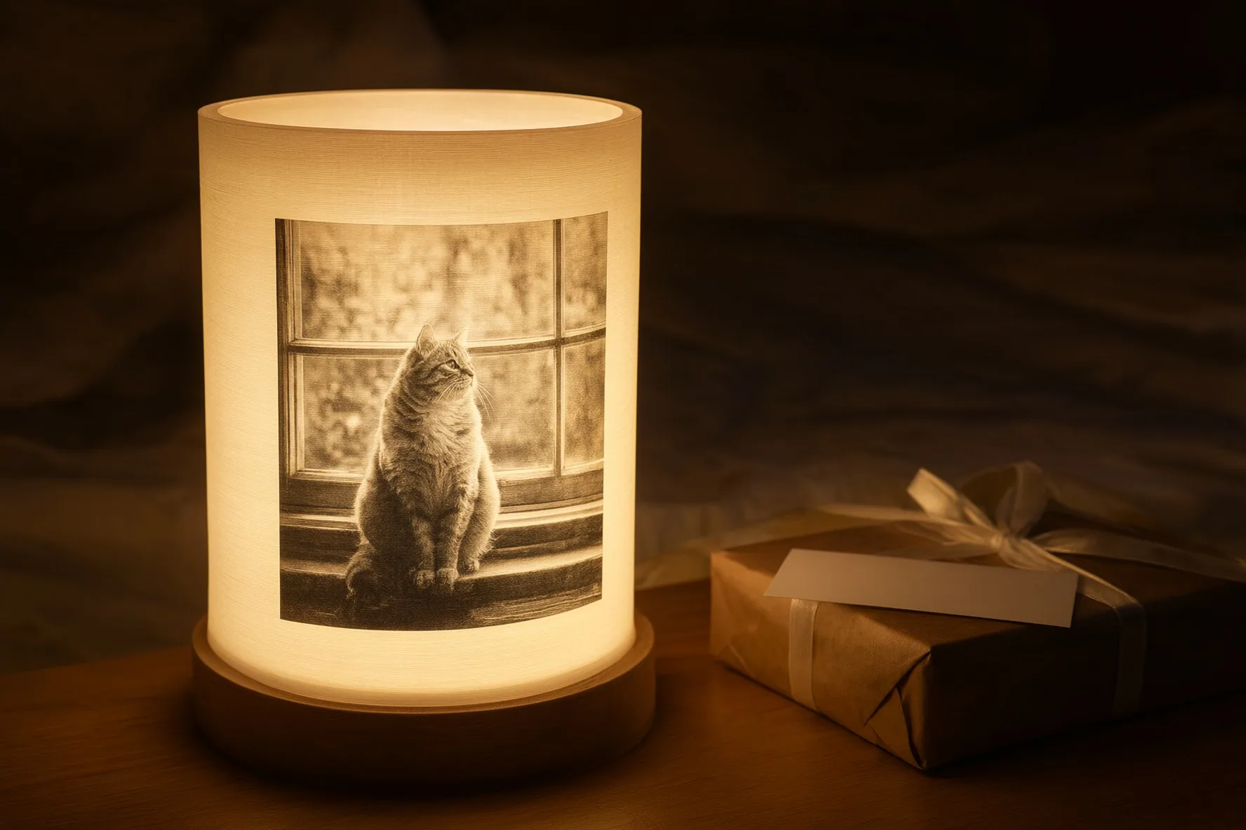 Lampu lithophane silinder bergambar kucing menyala di meja samping tempat tidur, di sebelah kotak kado